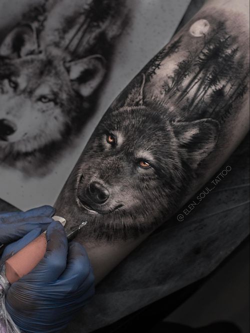 Wolf tattoo by Elen Soul #ElenSoul #wolftattoo #wolftattoos #wolf #animal #nature #wolves #realism #realistic #hyperrealism #realismwolftattoo #hyperrealismwolftattoo #blackandgrey #forest #moon #arm