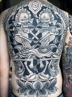 Buddhist tattoos by Aries Rhysing #AriesRhysing #buddhisttattoo #buddhatattoo #buddhism #buddha #enlightenment #meditation #easternreligion #dotwork #skeletondance #citipati #lotus #deity #blackandgrey