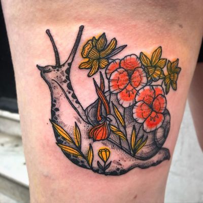 Snail tattoo by Lauren Hepple #LaurenHepple #snailtattoo #snailtattoos #snail #nature #animal #illustrative #flower #floral #plants #linework #dotwork