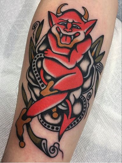 Traditional tattoo by Enrico Grosso aka Henry Big #EnricoGrosso #HenryBig #traditional #americantraditional #trad #traditionaltattoo #color #rose #flower #floral #devil #demon #arm