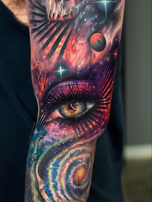Eye tattoo by Andres Acosta #AndresAcosta #tattooideas #tattooidea #tattooinspiration #tattoodesign #tattoodesignidea #tattooinspo #color #realism #realistic #hyperrealism #eye #galaxy #space #stars