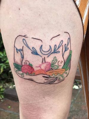 Illustrative tattoo by Katie Mcpayne #KatieMcpayne #illustrative #linework #queertattooer #vegantattoo #colortattoo #fineline #body #vegetables #veggies #food #nature #leg