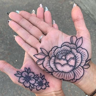 Cherry blossom tattoo by Luke A Ashley #LukeAAshley #cherryblossomtattoos #cherryblossom #flowers #floral #nature #plant #cherryblossomtattoo #palmtattoo #peony #palm #hand #blackwork #linework