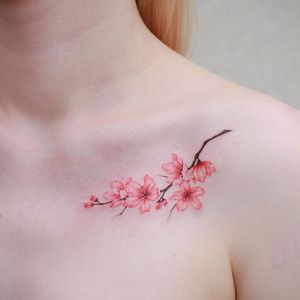 Cherry blossom tattoo by Donghwa Tattoo #DonghwaTattoo #cherryblossomtattoos #cherryblossom #flowers #floral #nature #plant #cherryblossomtattoo #pink #realism #realistic #chest #pink