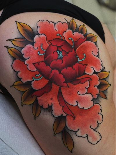 Tattoo by Jaylind Hamilton #JaylindHamilton #jaybaby #japanese #neotraditional #japanesetattoo #illustrative #qpocttt #peony #flower #floral #legtattoo #colortattoo