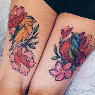 Tattoo by Jaylind Hamilton #JaylindHamilton #jaybaby #japanese #neotraditional #japanesetattoo #illustrative #qpocttt #legtattoo #colortattoo #bird #feathers #wings #peony #flowers #floral