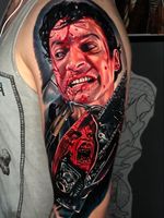 Horror tattoo by Alex Rattray #AlexRattray #EvilDead #horrortattoos #horrortattoo #horror #darkart #evil #demon #darkness #death #realism #realistic #color #hyperrealism #portrait #zombies #movietattoo #armtattoo
