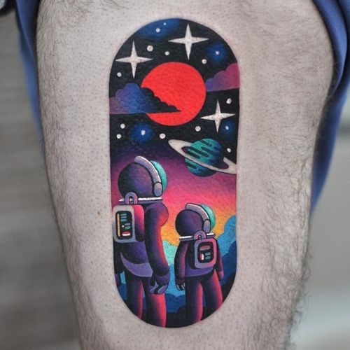 Astronaut galaxy tattoo by David Cote aka David Peyote #DavidPeyote #DavidCote #tattooideas #tattooidea #tattooinspiration #tattoodesign #tattoodesignidea #tattooinspo #newschool #color #leg #astronaut #galaxy #stars #space #saturn