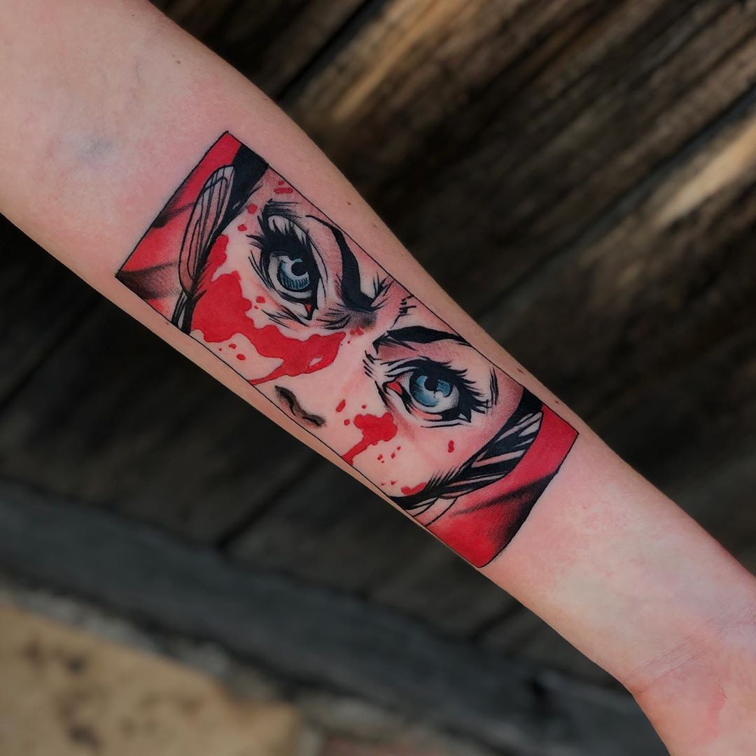 First anime tattoo of many. I decided the eye looked better with the red vs  the normal white. Don't mind the finger.... : r/anime
