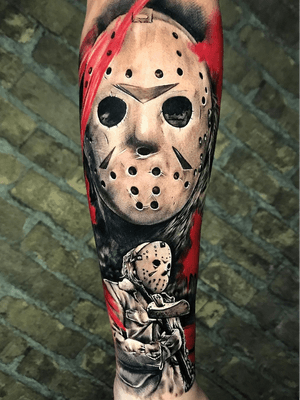 Horror tattoo by Marcelo Mack #MarceloMack #Fridaythe13th #JasonVoorhees #horrortattoos #horrortattoo #horror #darkart #evil #demon #darkness #death