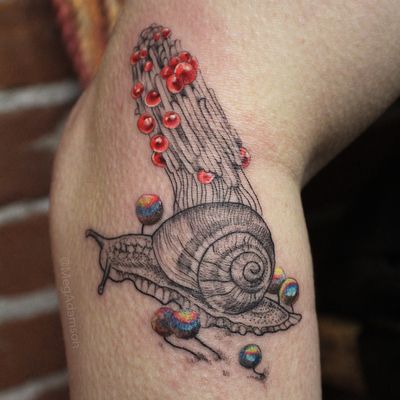Snail tattoo by Meg Adamson #MegAdamson #snailtattoo #snailtattoos #snail #nature #animal #illustrative #fungi #color #linework #dotwork