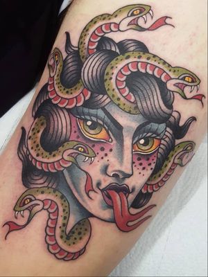Medusa tattoo by Nikko Barber aka nikkotattooer #NikkoBarber #Nikkotattooer #Berlintattoo #tattooBerlin #traditional #AmericanTraditional #color #oldschool #medusa #snake #monster #reptile #ladyhead