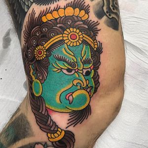 Japanese tattoo by Koji Ichimaru #KojiIchimaru #TattoodoApp #tattooartist #tattooart #tattooidea #inspiringtattoo #besttattoo #awesometattoo #Japanese #color #irezumi #knee #leg #deity