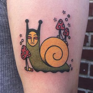 Snail tattoo by Tominda #Tominda #snailtattoo #snailtattoos #snail #nature #animal #traditional #illustrative #mushrooms #cute