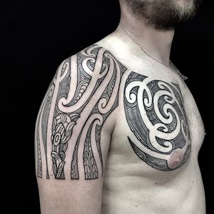 Tribal tattoo by Manawa Tapu #ManawaTapu #blackwork #tribal #tribaltattoo #tamoko #maori #polynesian #linework #pattern #chest #arm