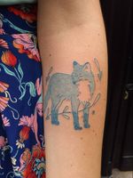 Illustrative tattoo by Katie Mcpayne #KatieMcpayne #illustrative #linework #queertattooer #vegantattoo #colortattoo #fineline #fox #blue #plant #floral #stars #animal #nature