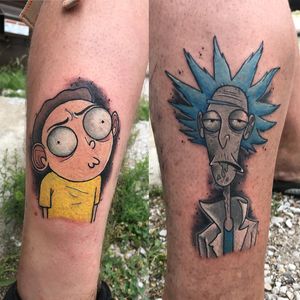 Rick and Morty tattoo by Zach Modesitt #ZachModesitt #bestfriendtattoos #friendshiptattoos #friendtattoos #bfftattoo #matchingfriendtattoos #rickandmorty #newschool #colortattoo #legtattoo