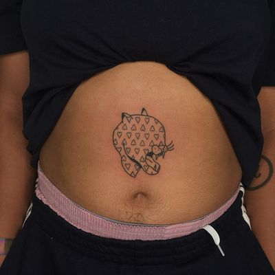 Illustrative tattoo by Jessica Rubbish #JessicaRubbish #coverupsagainstabuse #coveruptattoos #coverup #tattoocommunity #tattooartist #illustrative #panther #cat #hearts #stomach #blackwork #linework