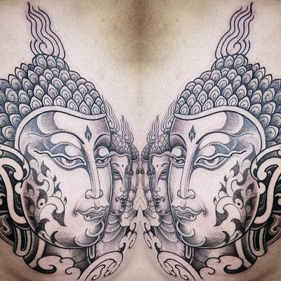 Buddha tattoo by Pepe Vicio #PepeVicio #buddhisttattoo #buddhatattoo #buddhism #buddha #enlightenment #meditation #easternreligion #dotwork #illustrative #blackandgrey