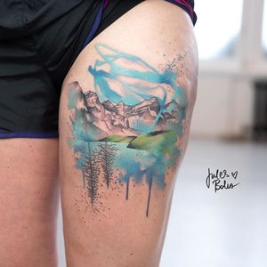 Tattoo by Jules Boho #watercolortattoo #watercolor #fineart #painting #color #mountain #water #mirror