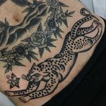 Traditional tattoo by Enrico Grosso aka Henry Big #EnricoGrosso #HenryBig #traditional #americantraditional #trad #traditionaltattoo #blackwork #leopard #butterfly #cat #junglecat #stomach