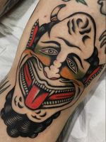 Traditional tattoo by Enrico Grosso aka Henry Big #EnricoGrosso #HenryBig #traditional #americantraditional #trad #traditionaltattoo #devil #monster #color #legtattoo