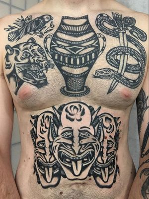 Traditional tattoo by Enrico Grosso aka Henry Big #EnricoGrosso #HenryBig #traditional #americantraditional #trad #traditionaltattoo #panther #snake #sword #demon #devils #vase #bird #stomach #chest #blackwork
