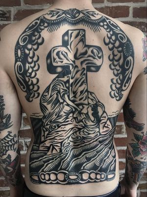 Traditional tattoo by Enrico Grosso aka Henry Big #EnricoGrosso #HenryBig #traditional #americantraditional #trad #traditionaltattoo #rockofages #cross #clouds #blackwork