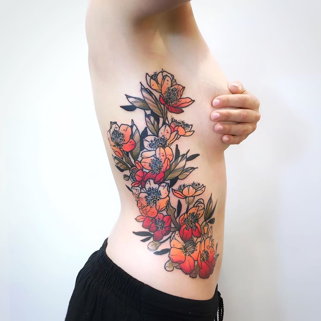 Tattoo uploaded by George Tofan  tattoo linework blackwork color  backpiece illustration japanese cherry tree blossoms flowers petals  abstract tiger caligraphy  Tattoodo