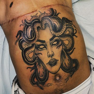 Tattoo by Jaylind Hamilton #JaylindHamilton #jaybaby #japanese #neotraditional #japanesetattoo #illustrative #qpocttt #medusa #deity #legend #stomachtattoo #blackandgrey #portrait #ladyhead #snakes