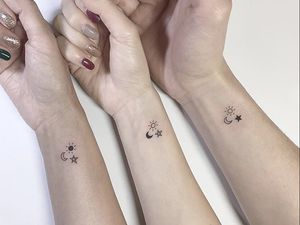 Friendship Tattoos for 3 People by Playground Tat2 #PlaygroundTat2 #Playgroundtattoo #bestfriendtattoos #friendshiptattoos #friendtattoos #bfftattoo #matchingfriendtattoos #illustrative #linework #star #moon #sun