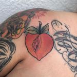 Tattoo by Jaylind Hamilton #JaylindHamilton #jaybaby #japanese #neotraditional #japanesetattoo #illustrative #qpocttt #shunga #peach #fruit #food #shoulder #color