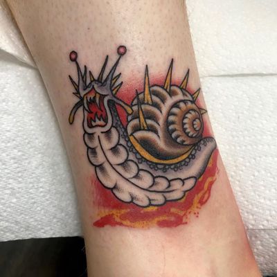 Snail tattoo by Liam Harbison #LiamHarbison #snailtattoo #snailtattoos #snail #nature #animal #monster #spikes #color