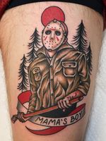 Horror tattoo by Tony Trustworthy Talbert #TonyTalbert #Fridaythe13th #JasonVoorhees #horrortattoos #horrortattoo #horror #darkart #evil #darkness #death #color #traditional #mamasboy #axe #murderer