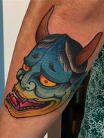 Tattoo by Jaylind Hamilton #JaylindHamilton #jaybaby #japanese #neotraditional #japanesetattoo #illustrative #qpocttt #hannya #color #armtattoo #yokai #demon #mask
