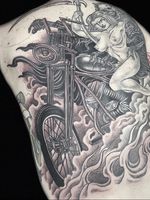 Motorcycle babe and reaper tattoo by Hanna Sandstrom #HannaSandstrom #DarkAgeSeattle #Seattle #blackandgrey #illustrative #fire #smoke #babe #pinup #skull #reaper #motorcycle #badass #scythe