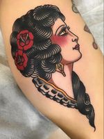 Lady head tattoo by La Dolores #LaDolores #tattooartist #tattoodo #tattoodoapp #awesometattoo #besttattoo #traditional #rose #ladyhead #portrait #color