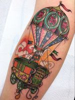 Beautiful color tattoo by Guen Douglas #GuenDouglas #tattooartist #tattoodo #tattoodoapp #awesometattoo #besttattoo #caravan #travel #trailer #hotairballoon #vacation #pattern #color #neotraditional #flowers