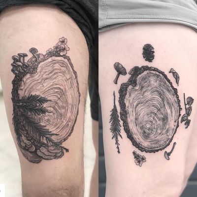 Best Friend Tattoos Guy and Girl by Tina Poe #TinaPoe #bestfriendtattoos #friendshiptattoos #friendtattoos #bfftattoo #matchingfriendtattoos #illustrative #linework #nature #mushrooms #fungi #plants #wood #tree