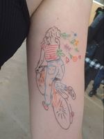 Illustrative tattoo by Katie Mcpayne #KatieMcpayne #illustrative #linework #queertattooer #vegantattoo #colortattoo #fineline #bicycle #bike #flower #floral #hearts
