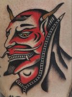 Traditional tattoo by Enrico Grosso aka Henry Big #EnricoGrosso #HenryBig #traditional #americantraditional #trad #traditionaltattoo #color #devil #satan #demon #horns #hell #leg
