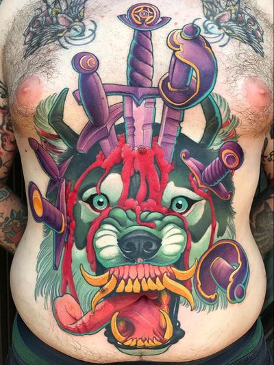 Wolf tattoo by Jacob Wiman #JacobWiman #wolftattoo #wolftattoos #wolf #animal #nature #wolves #newschool #color #swords #daggers #blood #newschoolwolftattoo #stomach