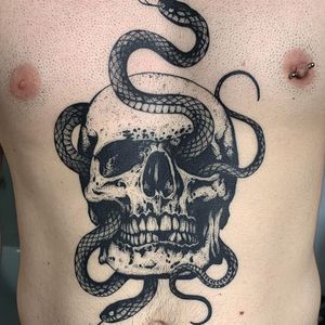 Tattoo by Bellesetbuth #blackwork #dotwork #illustrative #skull #snake #dotwork