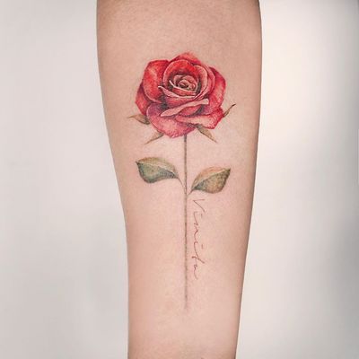 Rose tattoo by A.re_tattoo #Aretattoo #A.re_tattoo #TattoodoApp #tattooartist #tattooart #tattooidea #inspiringtattoo #besttattoo #awesometattoo #rosetattoo #flowertattoo #floral #script #color #realism #watercolor