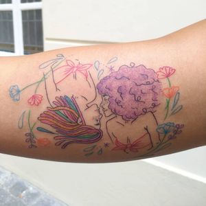 Illustrative tattoo by Katie Mcpayne #KatieMcpayne #illustrative #linework #queertattooer #vegantattoo #colortattoo #fineline #portrait #flower #floral #plants #rainbow #love #arm