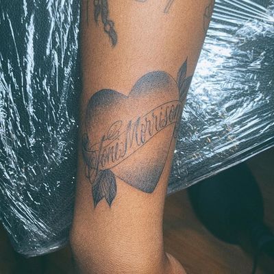 Heart tattoo by Samantha Robles aka Tattoos by Cake #Tattoosbycake #samantharobles #hearttatotos #hearttattoo #hearts #heart #love #tonimorrison #blackandgrey #script #banner #arm