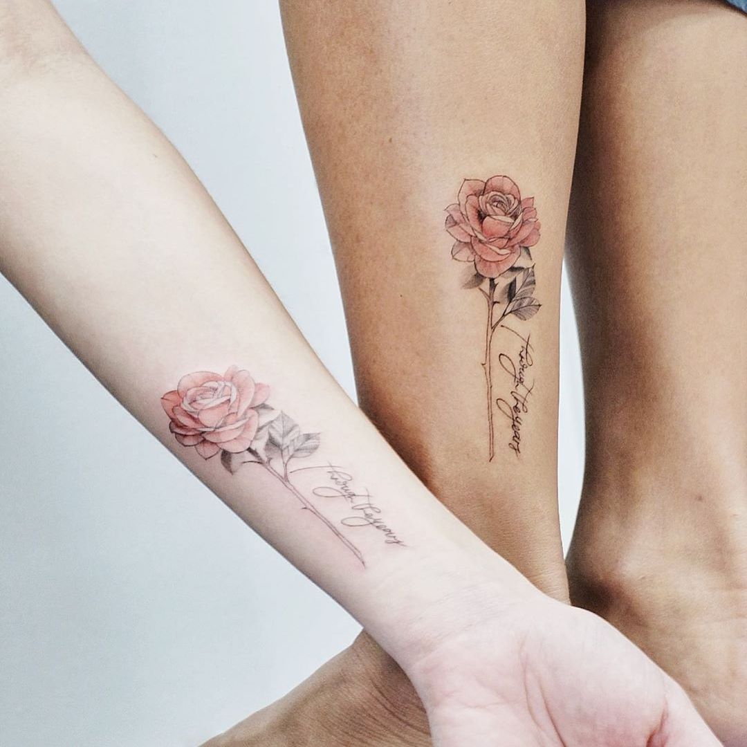 Fine line matching flower bouquet tattoo for best