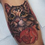 Tattoo by Jaylind Hamilton #JaylindHamilton #jaybaby #japanese #neotraditional #japanesetattoo #illustrative #qpocttt #cattattoo #cat #peony #flower #floral #colortattoo #legtattoo
