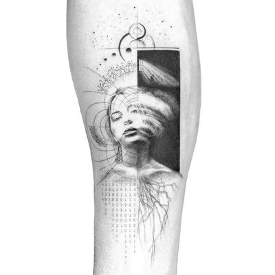 Illustrative tattoo by Peter Laeviv #PeterLaeviv #realism #illustrative #linework #intricate #detailed #fineline #abstract #portrait #surreal #numbers #roots #moon