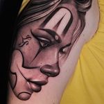 Payasa tattoo by Denis Casella #DenisCasella #besttimetogettattooed #gettattooed #winter #besttattoos #chicano #realism #blackandgrey #payasa #clown #lady #ladyhead #Lips #lettering #script #arm